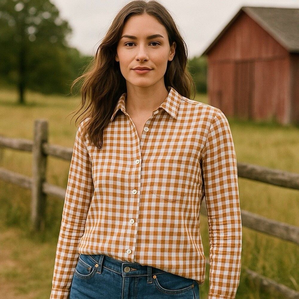 J. Crew‎ Top Women XXS Tan White Gingham Plaid Farmcore Western Long Sleeve